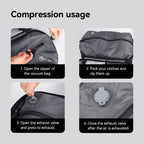 Gray multifunctional backpack with YKK zipper showing compression steps for professional travelers | MarkRyden Global