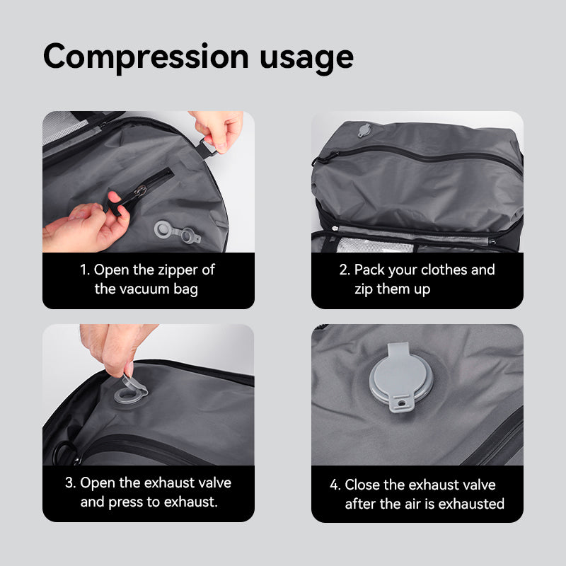 Gray multifunctional backpack with YKK zipper showing compression steps for professional travelers | MarkRyden Global