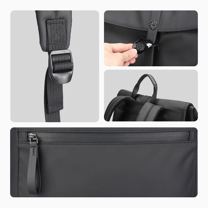 Black leather casual multilayer backpack with secure buckle & anti-theft features by MarkRyden Global