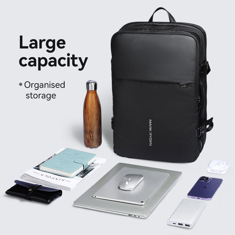 Mark Ryden black anti-theft backpack with organized storage for travel items
