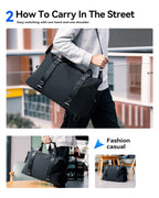 Mark Ryden Global lightweight black duffel bag with shoulder strap in urban setting