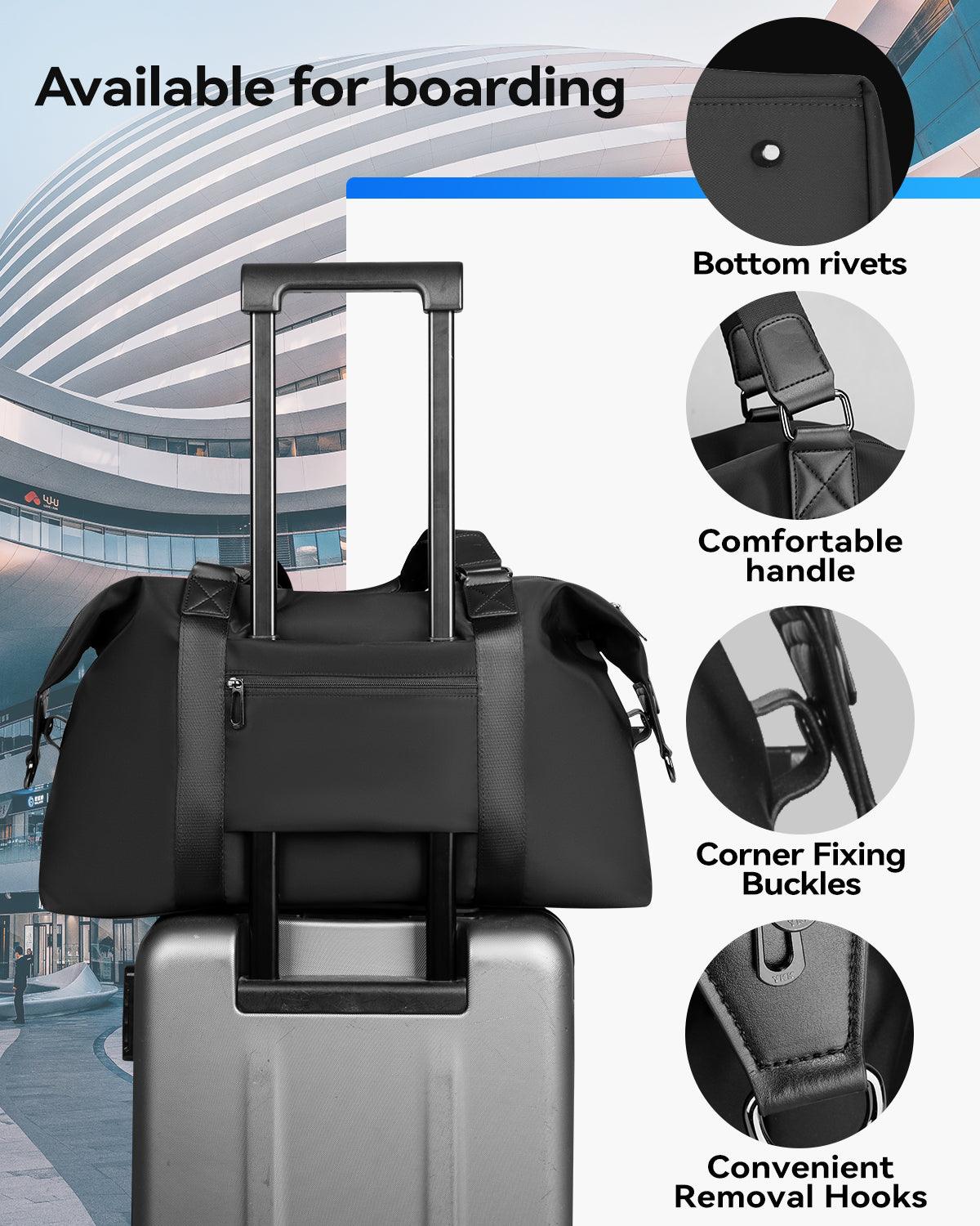 Black lightweight spacious duffle bag with comfortable handle, bottom rivets, corner fixing buckles, and convenient removal hooks, designed for boarding and easy attachment to luggage.