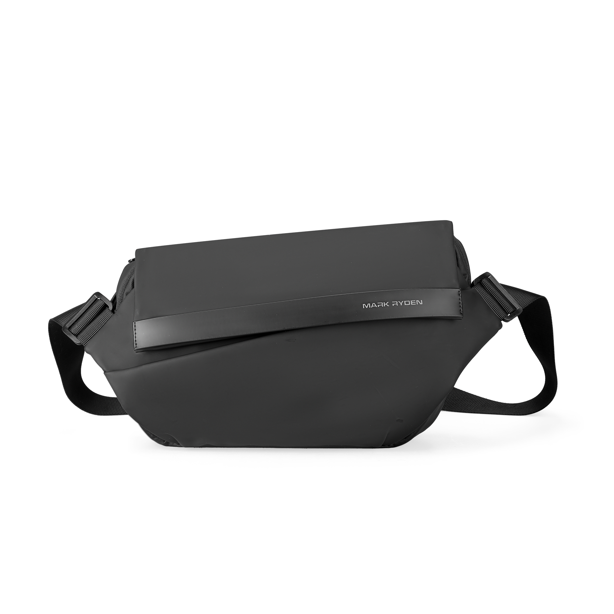 Fingon II black leather waterproof large capacity city commuting daily messenger bag with adjustable straps and Mark Ryden logo on flap