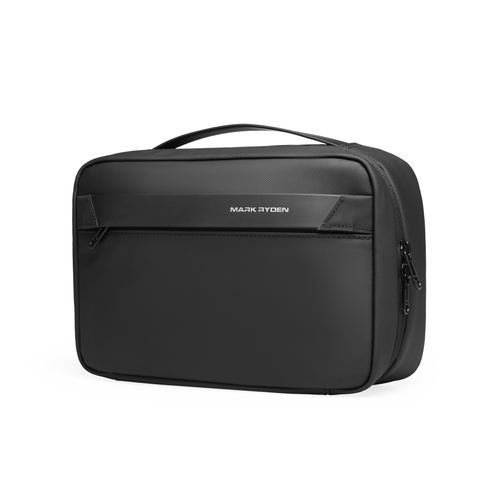 Mark Ryden black compact multi-layer washbag with handle, modern travel essential