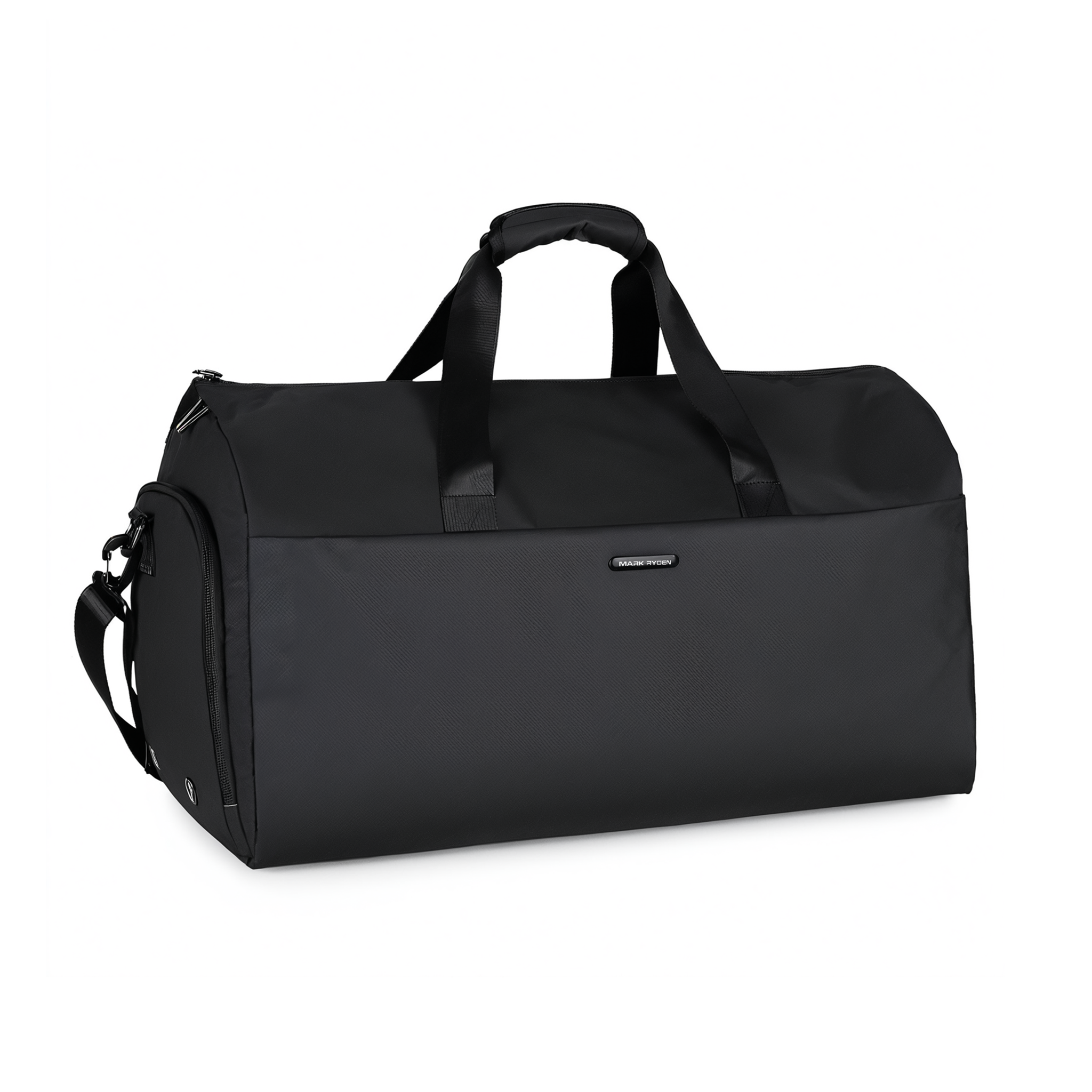 Sleek black water-resistant business suit travel bag with high capacity, multipurpose compartments, dual handles, and shoulder strap by Mark Ryden.
