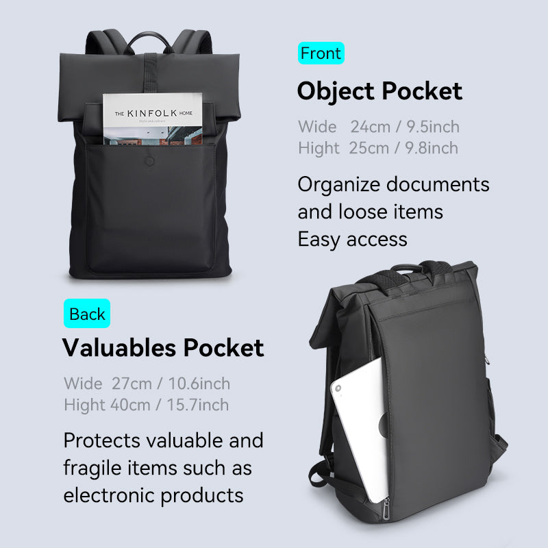 MarkRyden Global minimalist black backpack w/front document pocket & back electronics pocket