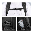 Mark Ryden black waterproof leather backpack with adjustable straps, drawstring closures, card pocket