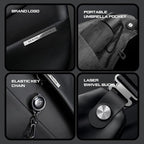 Mark Ryden ChestFlex modern urban chest bag in black featuring brand logo, portable umbrella pocket, elastic key chain, and laser swivel buckle.