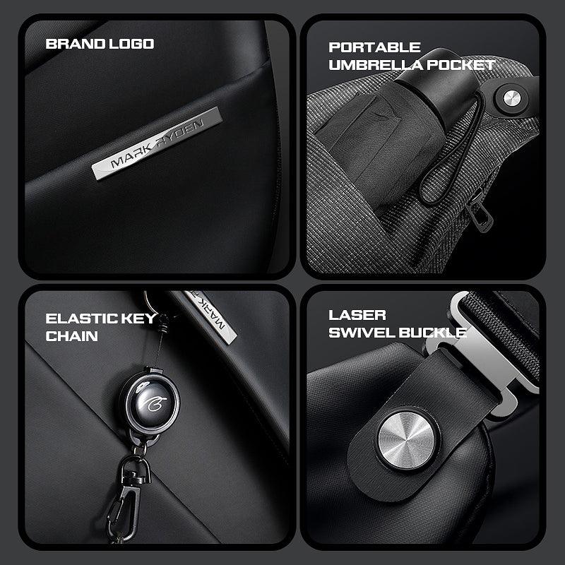 Mark Ryden ChestFlex modern urban chest bag in black featuring brand logo, portable umbrella pocket, elastic key chain, and laser swivel buckle.