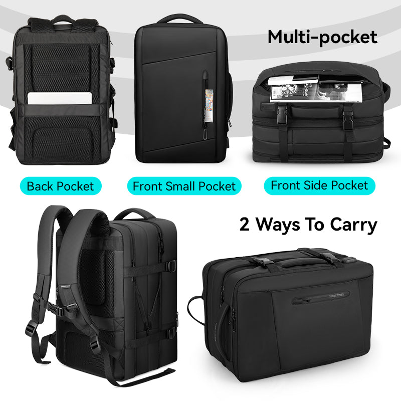 Black expandable laptop backpack with multi-pockets (back, front small, front side) and two carry options (backpack/briefcase) for all-day travel.