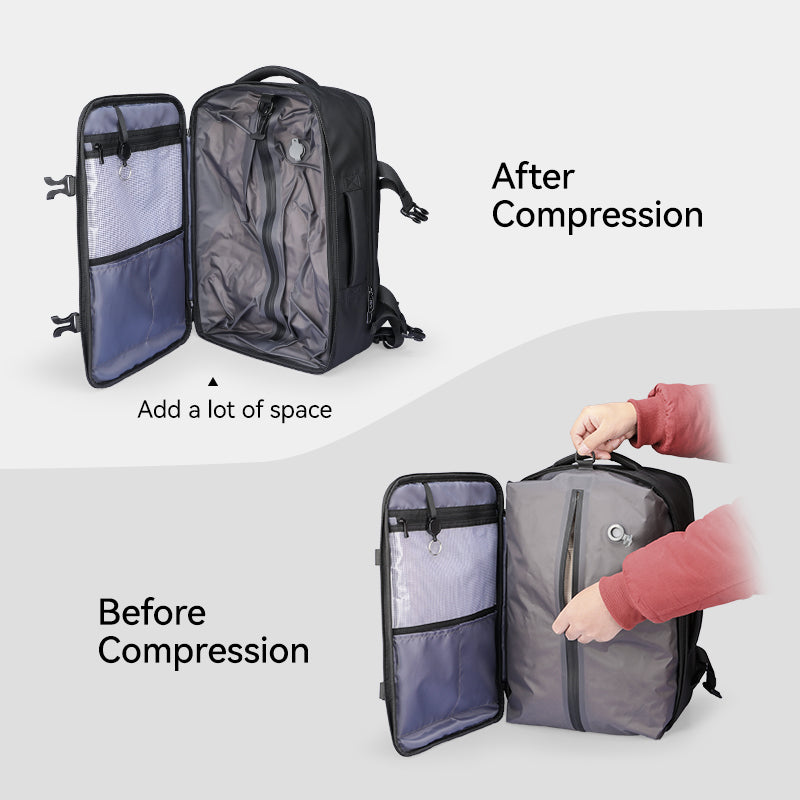 Mark Ryden Global multifunctional business backpack with compression feature, YKK zipper, before/after space expansion