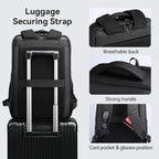 Black VenturePro Large Capacity Business Travel Backpack 23L with luggage securing strap, breathable back panel, strong top handle, and card pocket/glasses storage.