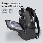 Sienet black leather membrane waterproof scratch-resistant high-capacity backpack with open compartments holding 15.6" laptop, 11" tablet, and organized storage.