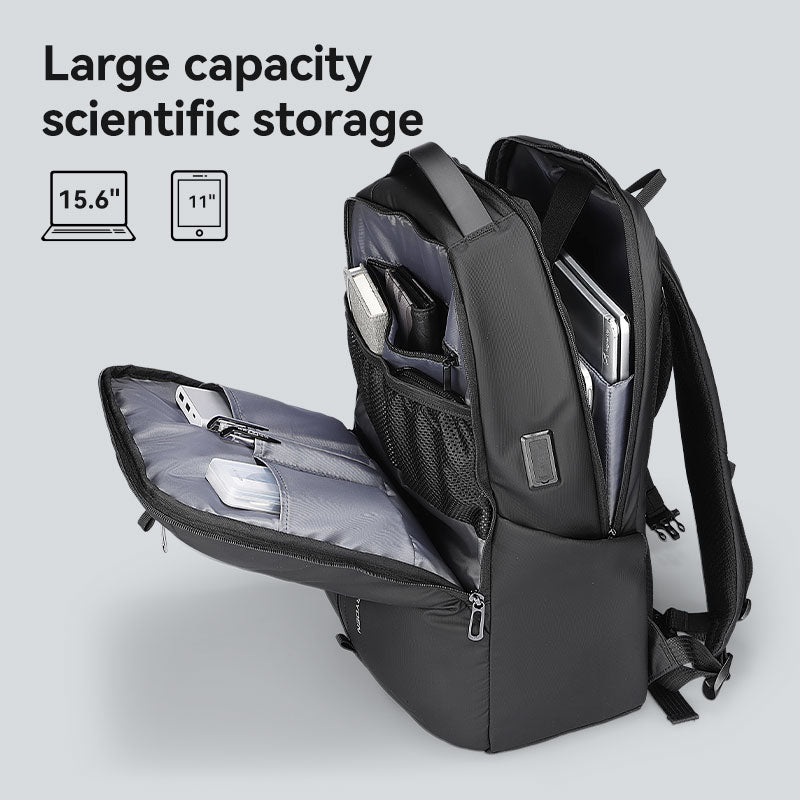 Sienet black leather membrane waterproof scratch-resistant high-capacity backpack with open compartments holding 15.6" laptop, 11" tablet, and organized storage.