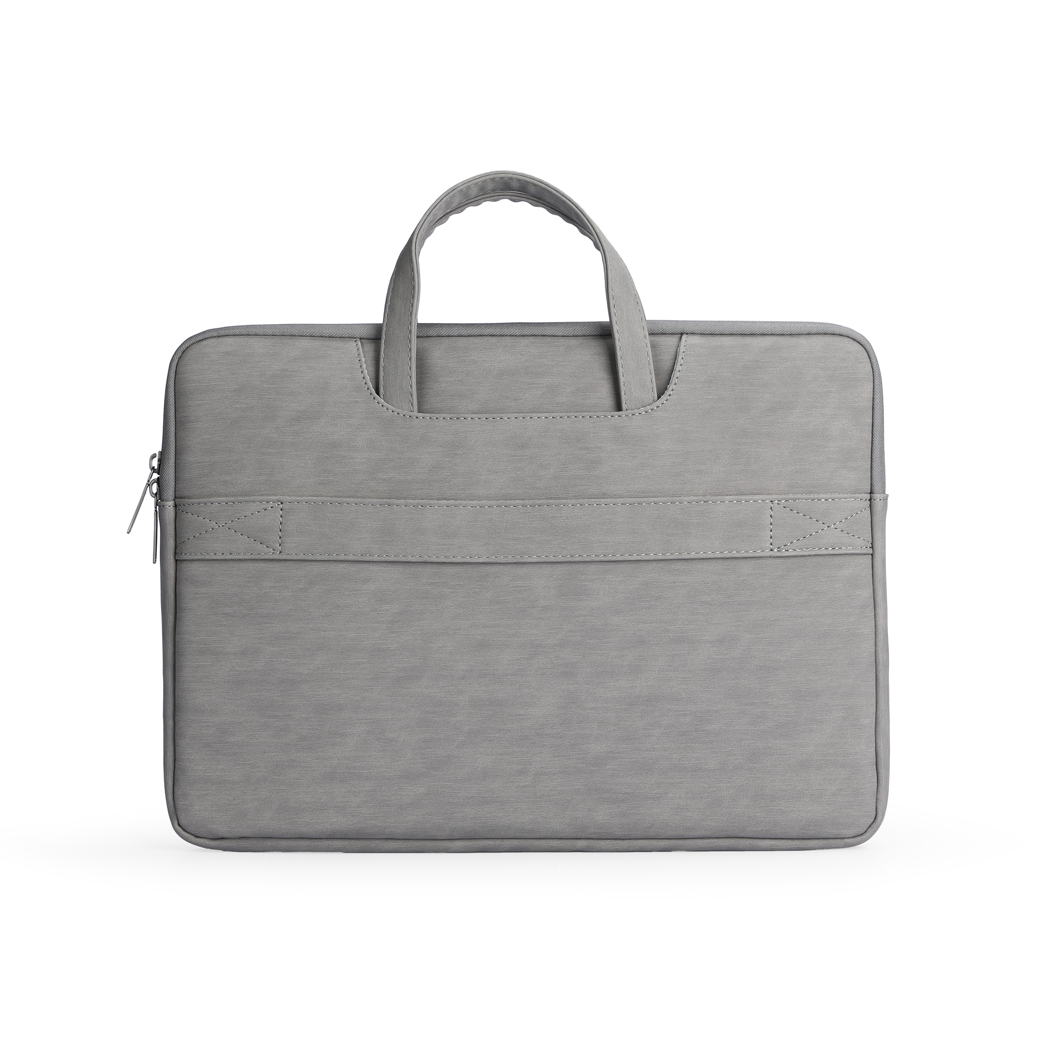 Gray business laptop bag with mature stable work style, dual handles, zippered closure, and front pocket with stitched details for 13.3-15.6 inch laptops.