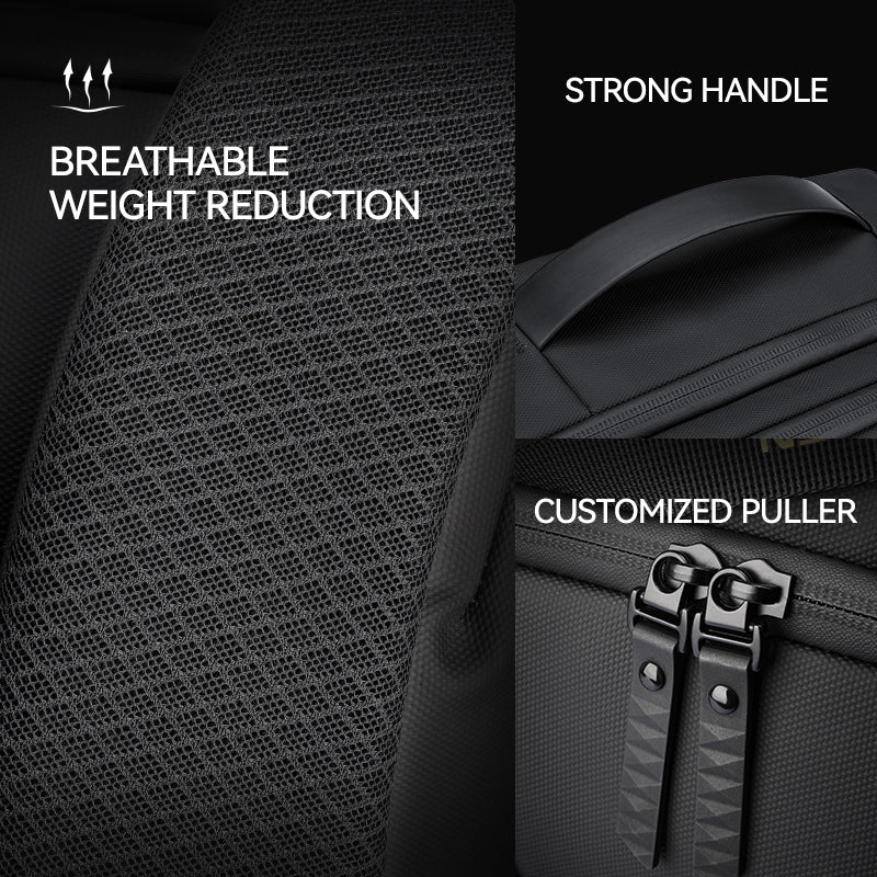 Black multi-functional large capacity backpack with breathable weight reduction mesh, strong handle, and customized pullers from Mark Ryden Global.