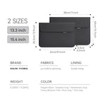 two black Mark Ryden laptop bags in 13.3 and 15.4 inch sizes, made with pu+oxford spinning fabric and suede lining, featuring modern slim design with labeled dimensions
