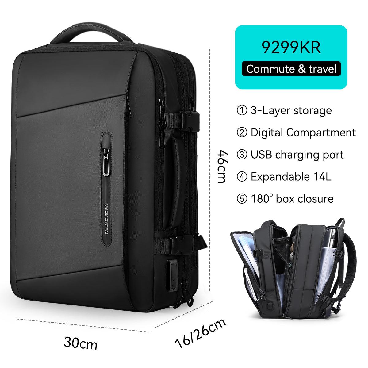 Mark Ryden Global expandable laptop backpack - black design with 3-layer storage, USB port, 14L capacity for daily commuting