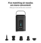 Black multifunctional travel device with ON/OFF button, handle, 5 matching air nozzles for convenience