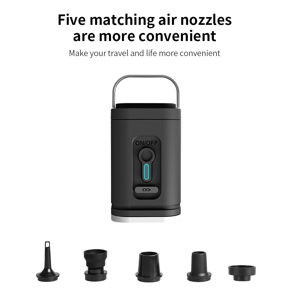 Black multifunctional travel device with ON/OFF button, handle, 5 matching air nozzles for convenience