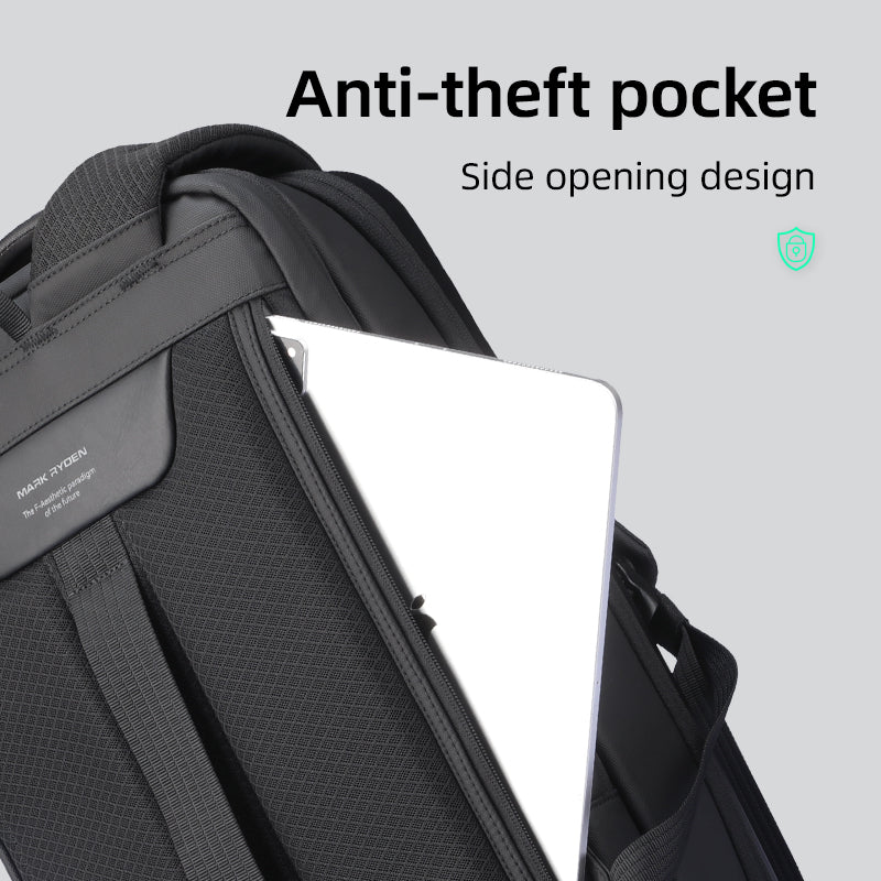 Mark Ryden Ratio Arc Apex hard-shell backpack with anti-theft pocket holding laptop