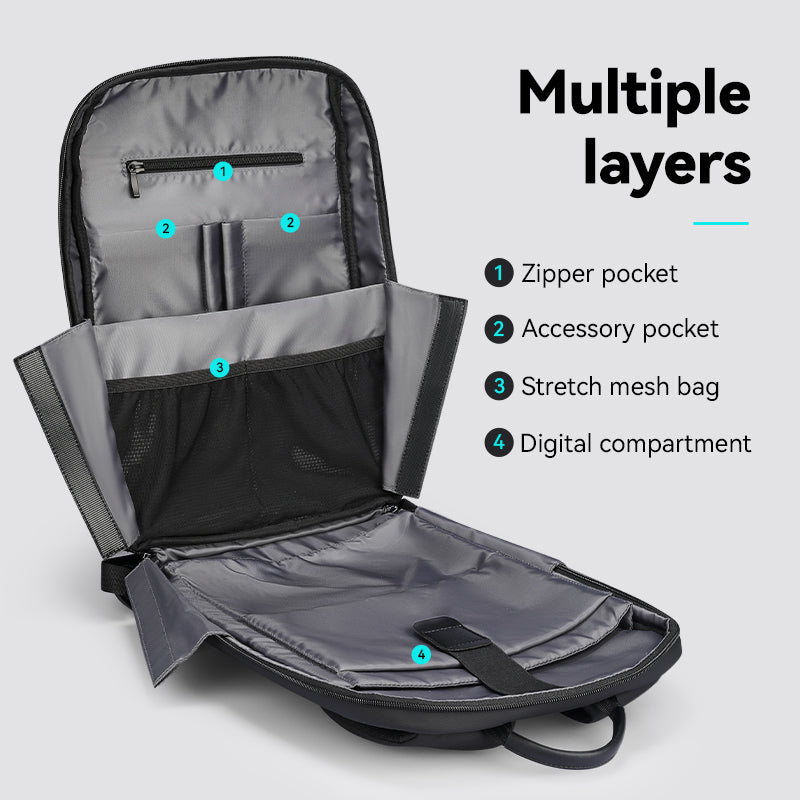 MarkRyden Voyager Pro commuter backpack interior with multiple layers, zipper pockets