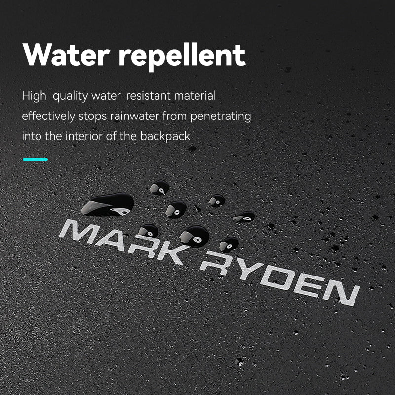 Mark Ryden Voyager Pro backpack water repelling test with water droplets on black surface