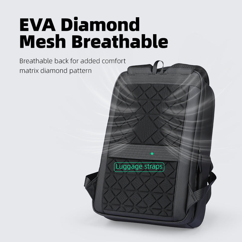 Black UrbanFlex Lite backpack with EVA diamond mesh, breathable back, luggage straps, and separate computer compartment for business use.