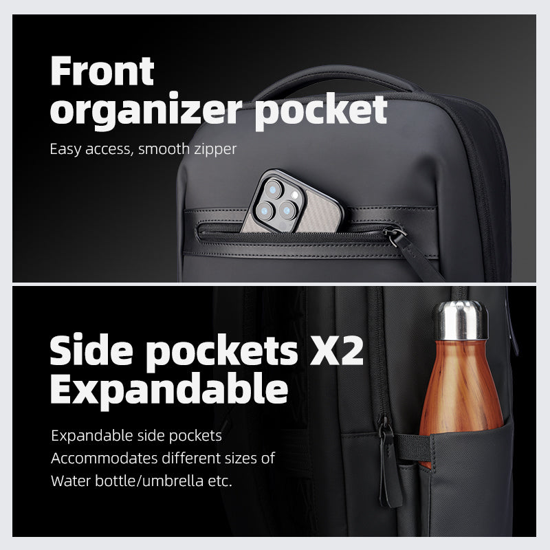 Mark Ryden Global UrbanFlex Lite backpack - front organizer pocket with phone, expandable side pockets