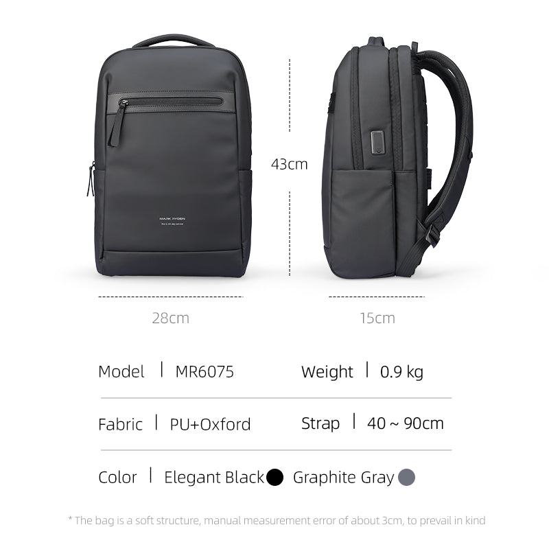 Mark Ryden UrbanFlex Lite backpack - lightweight design with separate computer compartment, Elegant Black color, 43cm height