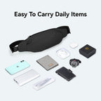 MarkRyden Light Ⅰ super lightweight stylish black daily crossbody bag with daily items like phone, wallet, watch, emphasizing easy carry