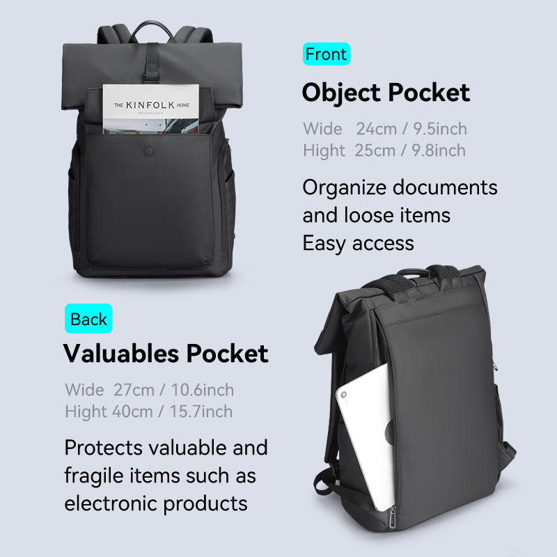 Black anti-theft backpack with front object pocket & back valuables pocket for daily commute - MarkRyden Global