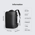 Black Explorer large capacity multi-layer multi-functional backpack from Mark Ryden Global, made of Oxford material with dimensions 46cm/18in height, 31cm/12in width, 22cm/8.7in depth.
