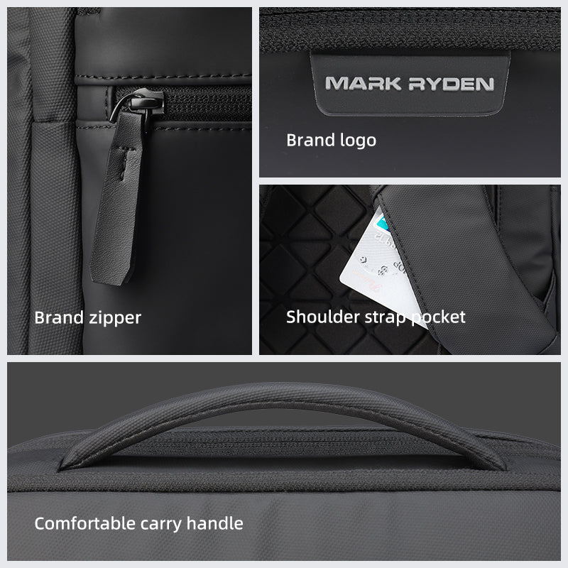 MarkRyden ChargeFlex backpack with zipper, logo, and handle details