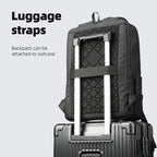 MarkRyden Global's ChargeFlex smart backpack with luggage straps attached to suitcase