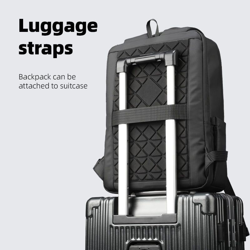MarkRyden Global's ChargeFlex smart backpack with luggage straps attached to suitcase