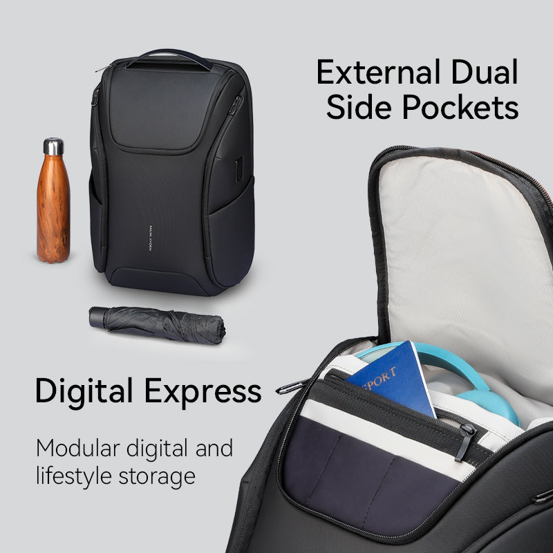 Black waterproof backpack with dual side pockets, built-in USB - MarkRyden Global