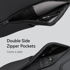 Black waterproof backpack with double side zipper pockets holding cables & sunglasses | MarkRyden Global