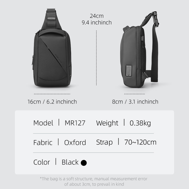 MARKRYDEN ChargeSling Black crossbody bag with measurements and specifications