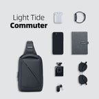 MARKRYDEN ChargeSling Light Tide Commuter bag with various items on a light gray background