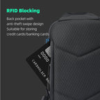 MARKRYDEN ChargeSling Black crossbody bag with an open back pocket displaying an anti-theft swipe card