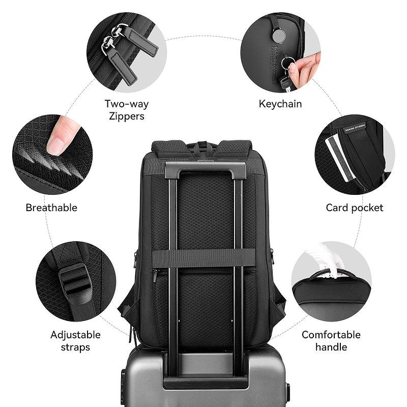Mark Ryden Global premium backpack: black, two-way zippers, keychain, breathable material