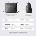 Elegant Black Mark Ryden MetroCourier messenger bag with tech-integrated design, dedicated charger compartment, Oxford fabric, front and side views with dimensions.