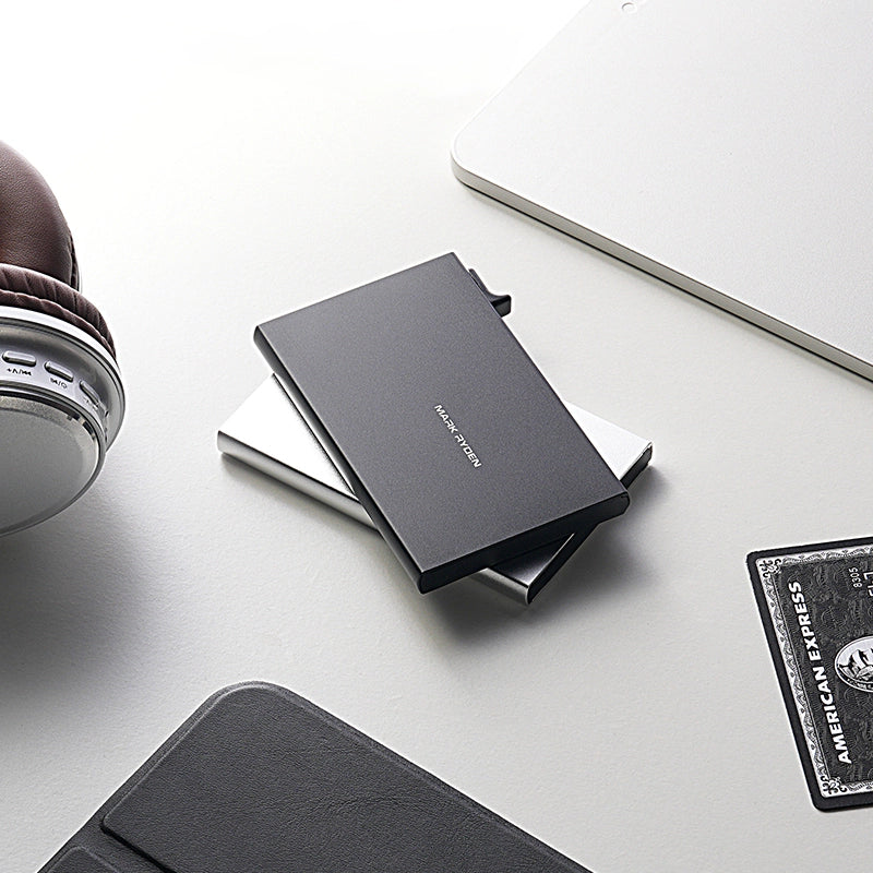 Mark Ryden Global's ultra-thin metal card holder in sleek black anti-theft design