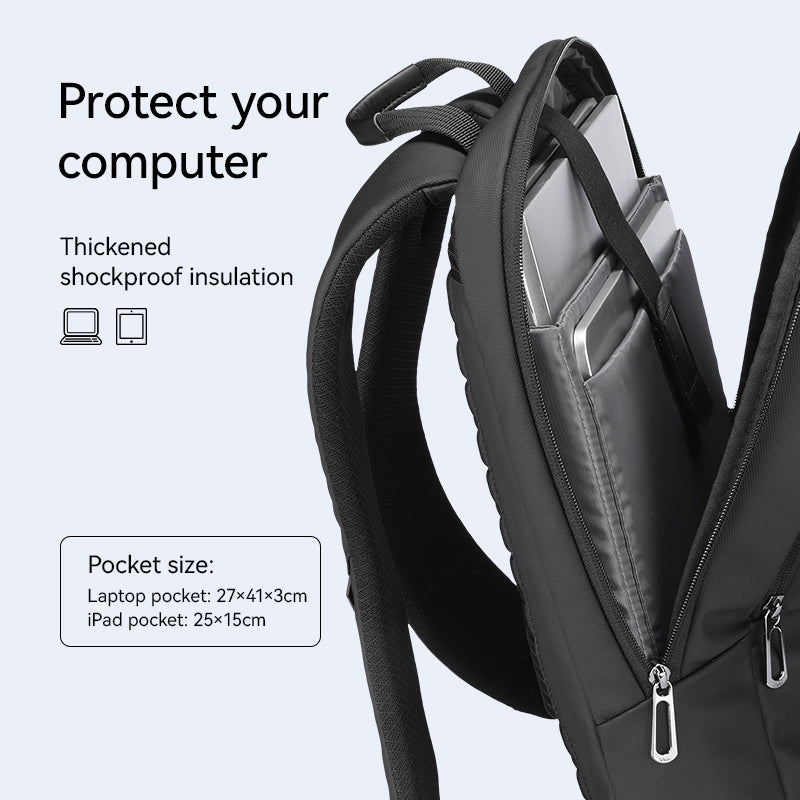 Black UrbanLite Pro sleek water-resistant business travel backpack with thickened shockproof insulation, featuring laptop (27x41x3cm) and iPad (25x15cm) pockets.