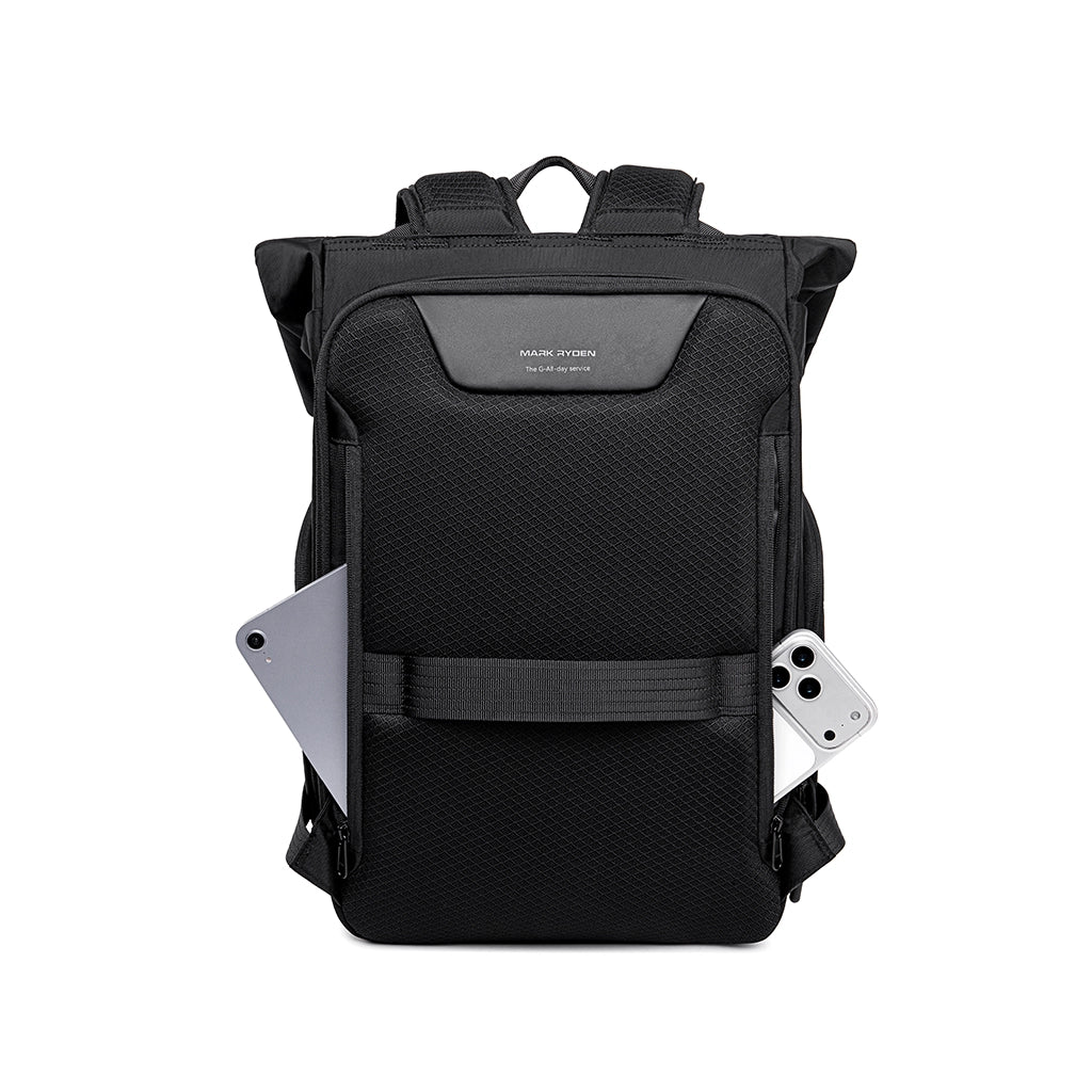 Mark Ryden MorphCore black adaptive expandable backpack with laptop/camera visible