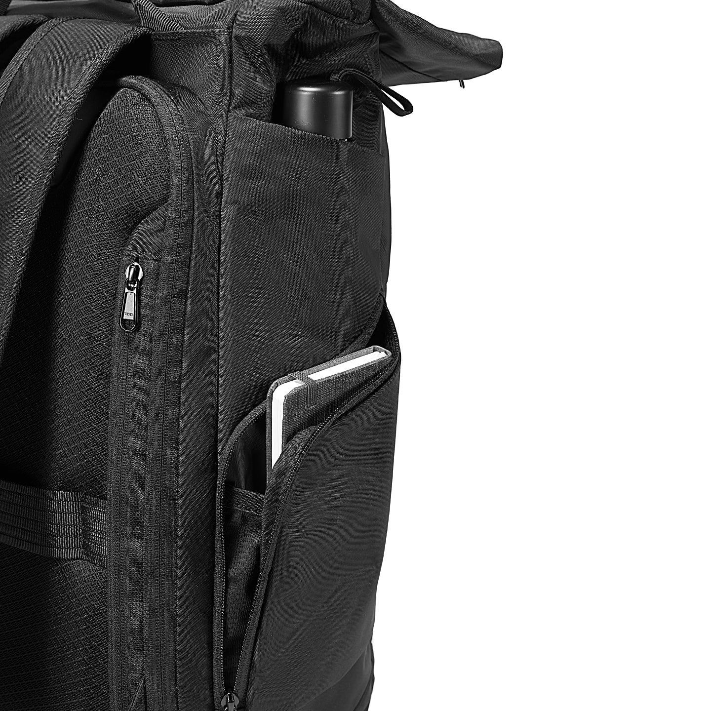 Mark Ryden Global - black adaptive expandable backpack with side pockets, zippers, for travelers