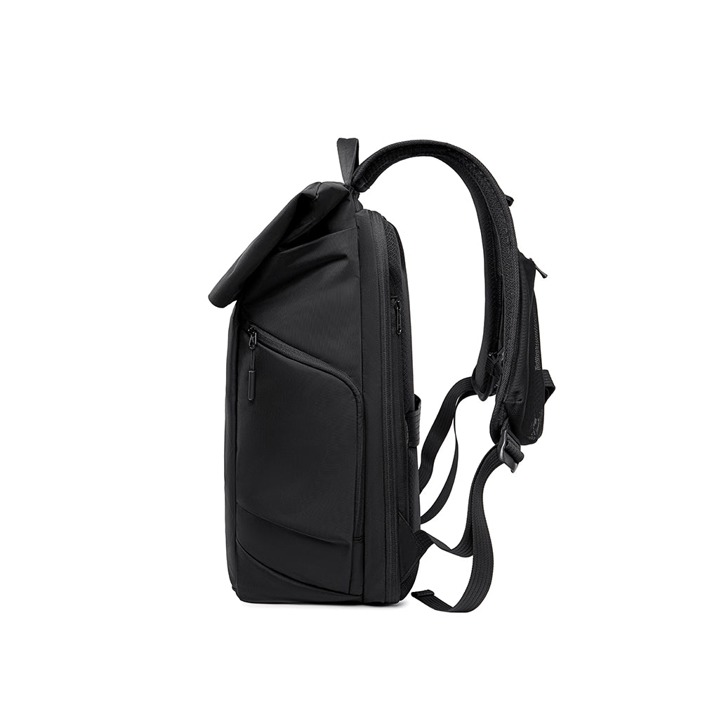 Black MorphCore 27-36L adaptive expandable backpack with roll-top closure, multiple compartments, padded straps, and sleek design for modern travelers.