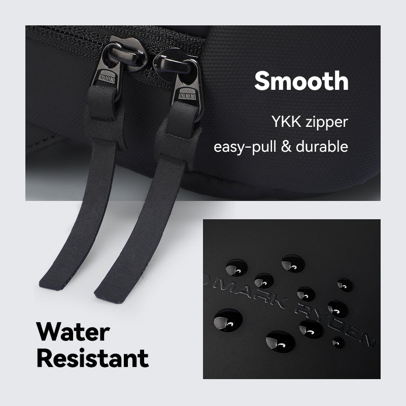 AquaLite black waterproof PU leather sling bag with YKK smooth, easy-pull zippers and water-resistant feature by Mark Ryden