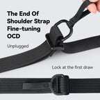 Close-up of GameFlow 500g waterproof Switch sling bag's black shoulder strap with fine-tuning D-ring and lock mechanism for secure adjustment.